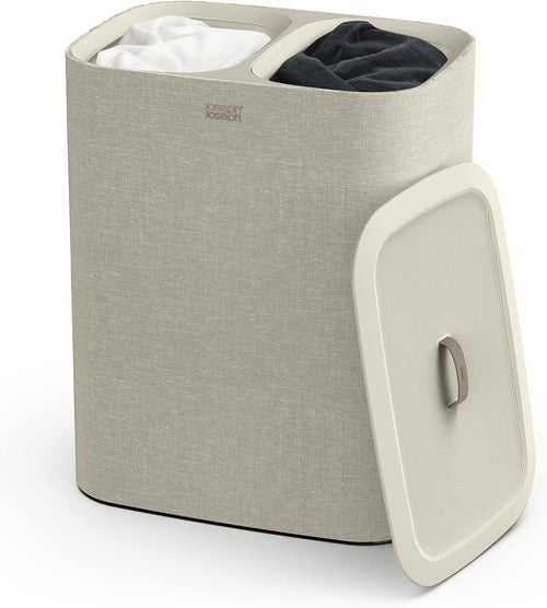 90L Dual Laundry Basket with Lid Removable Washing Bags Modern Ecru Fabric