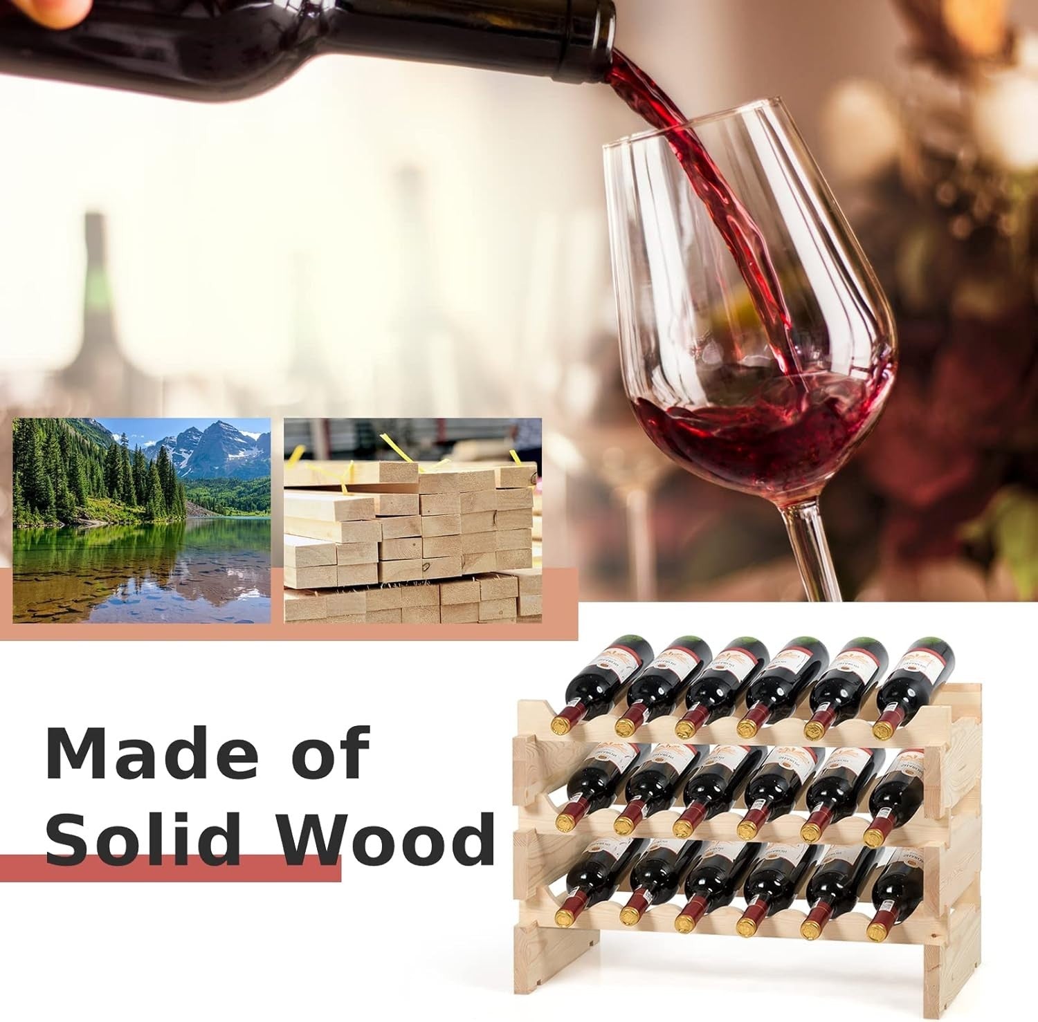 6 Tier Wooden Wine Rack for 36 Bottles Stackable Storage Shelf Home Bar