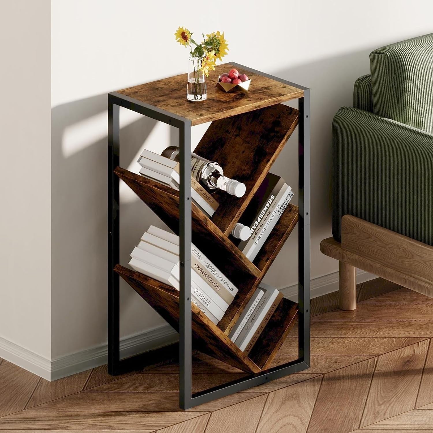 5 Tier Tree Bookshelf Small Rustic Bookcase CD Rack Storage Unit 38x28x65cm