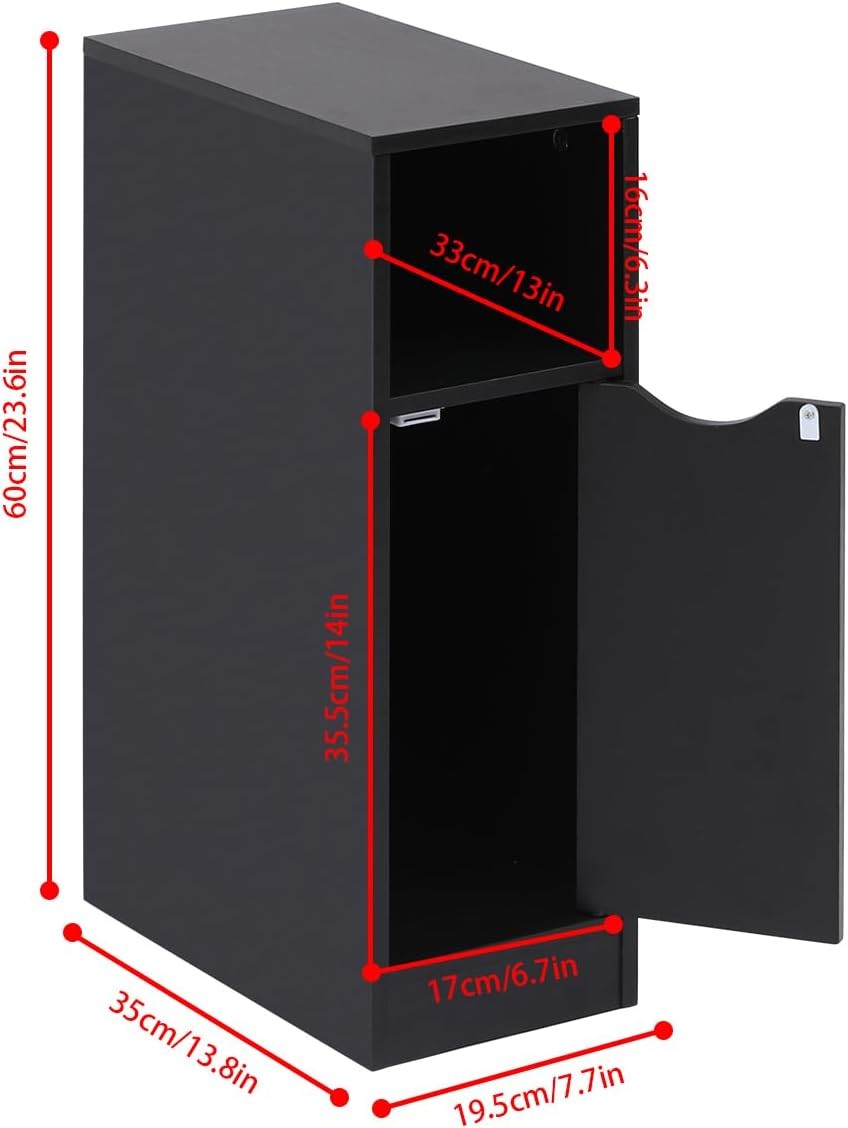 Slim Black Bedside Table with Drawer & Shelf, Modern Narrow Nightstand Storage