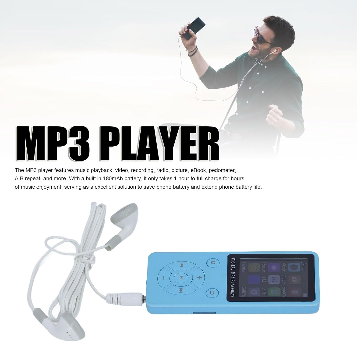 64GB Bluetooth 5.0 MP3 MP4 Player 1.8" LCD FM Radio Blue