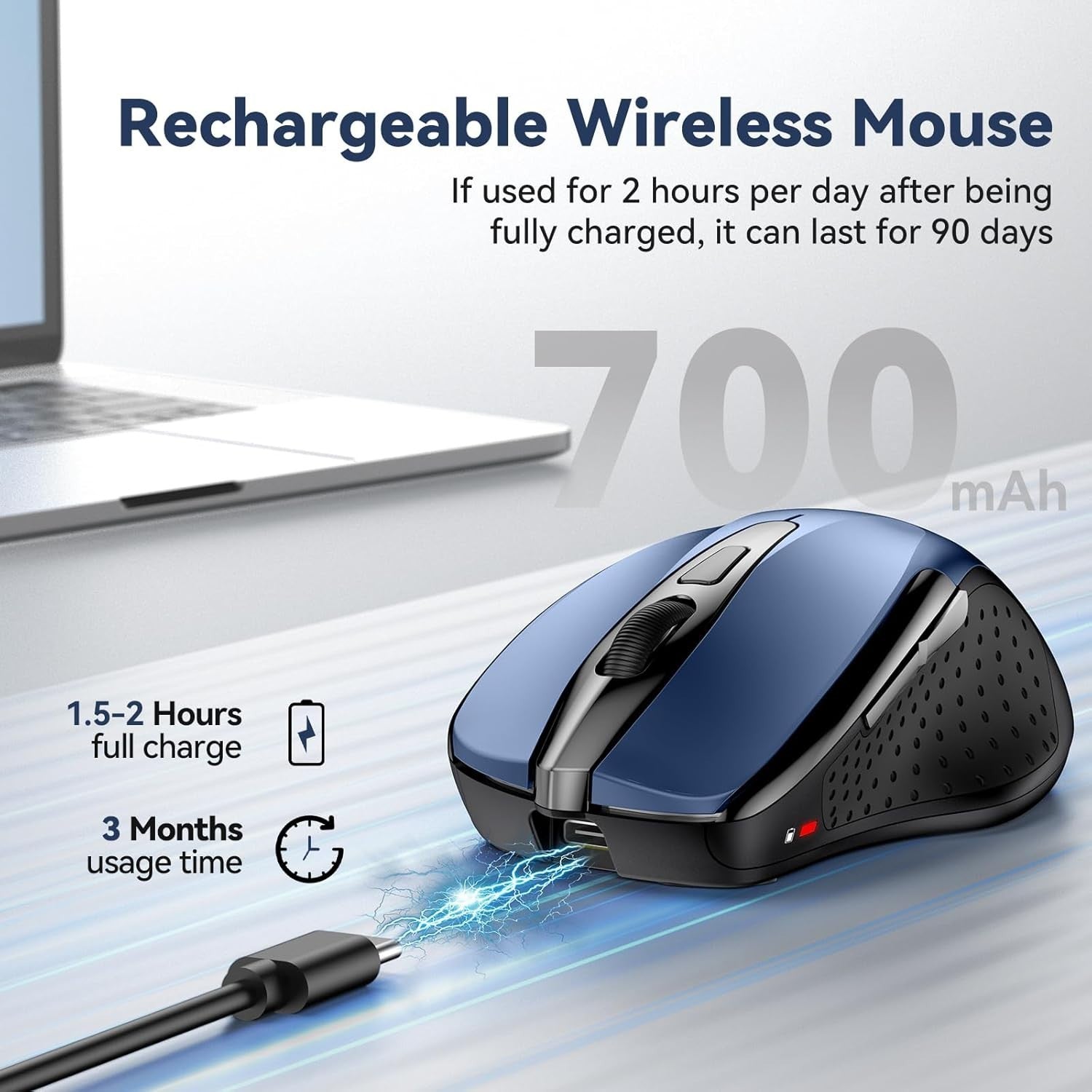Rechargeable Bluetooth Wireless Mouse Silent 4800 DPI Ergonomic Laptop PC Blue