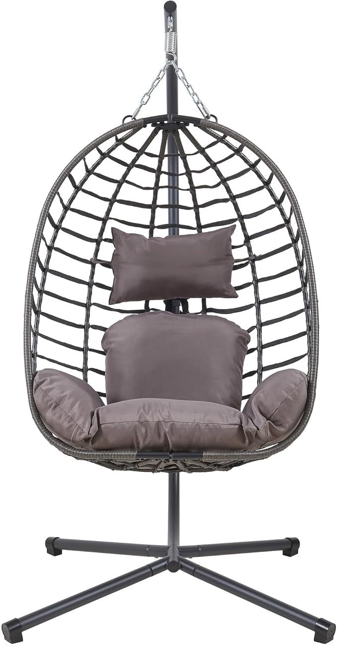 Hanging Egg Chair with Stand Outdoor Indoor Swing Seat Grey Rattan Cushion