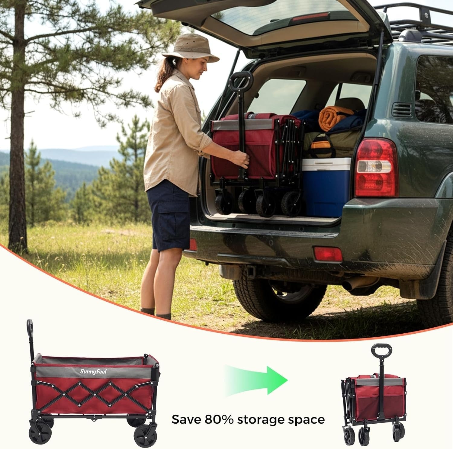 Compact Lightweight Utility Wagon Foldable Cart with Rear Door Red