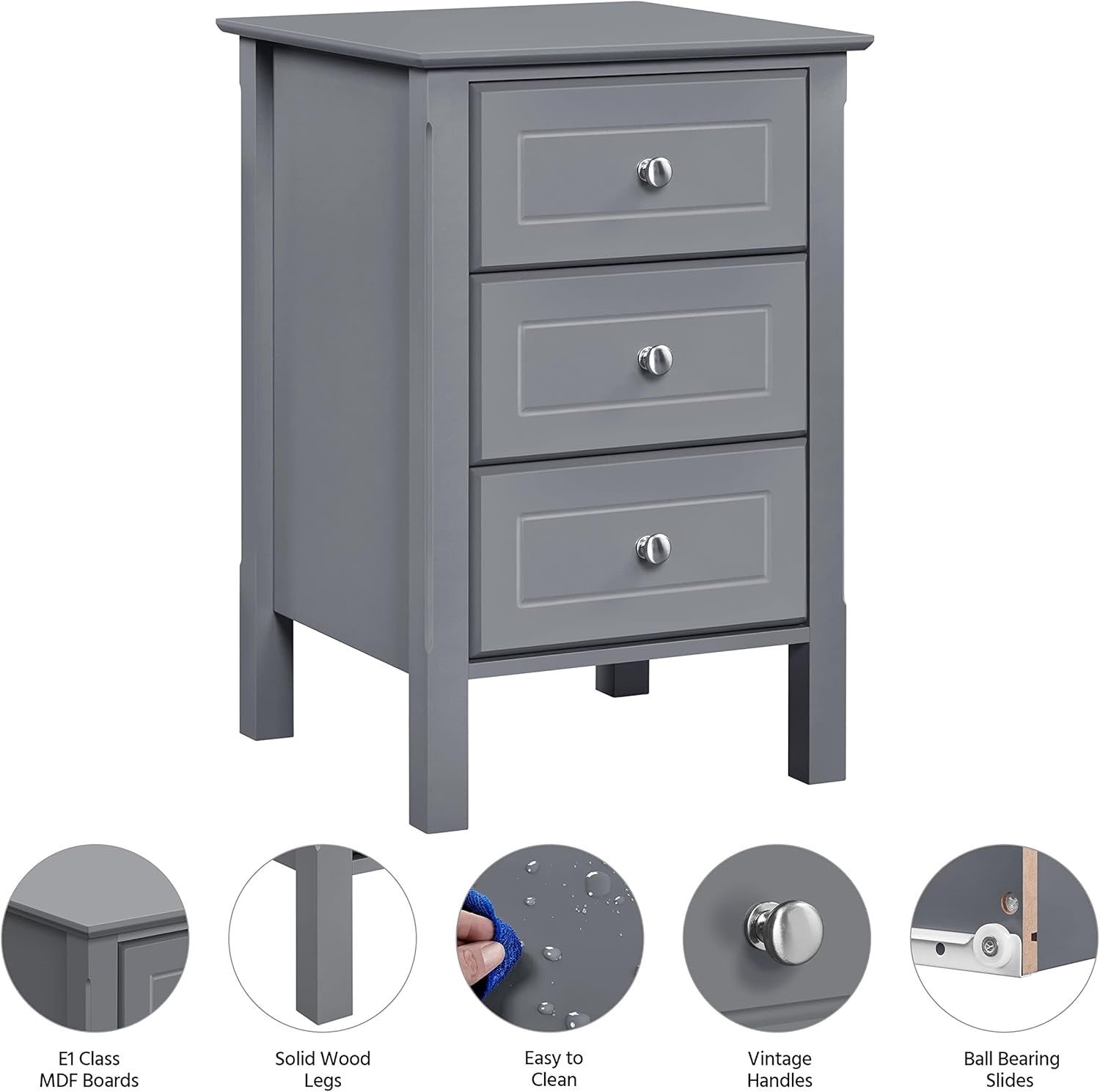 Dark Grey Bedside Tables Set of 2 – Wooden 3 Drawer Nightstand