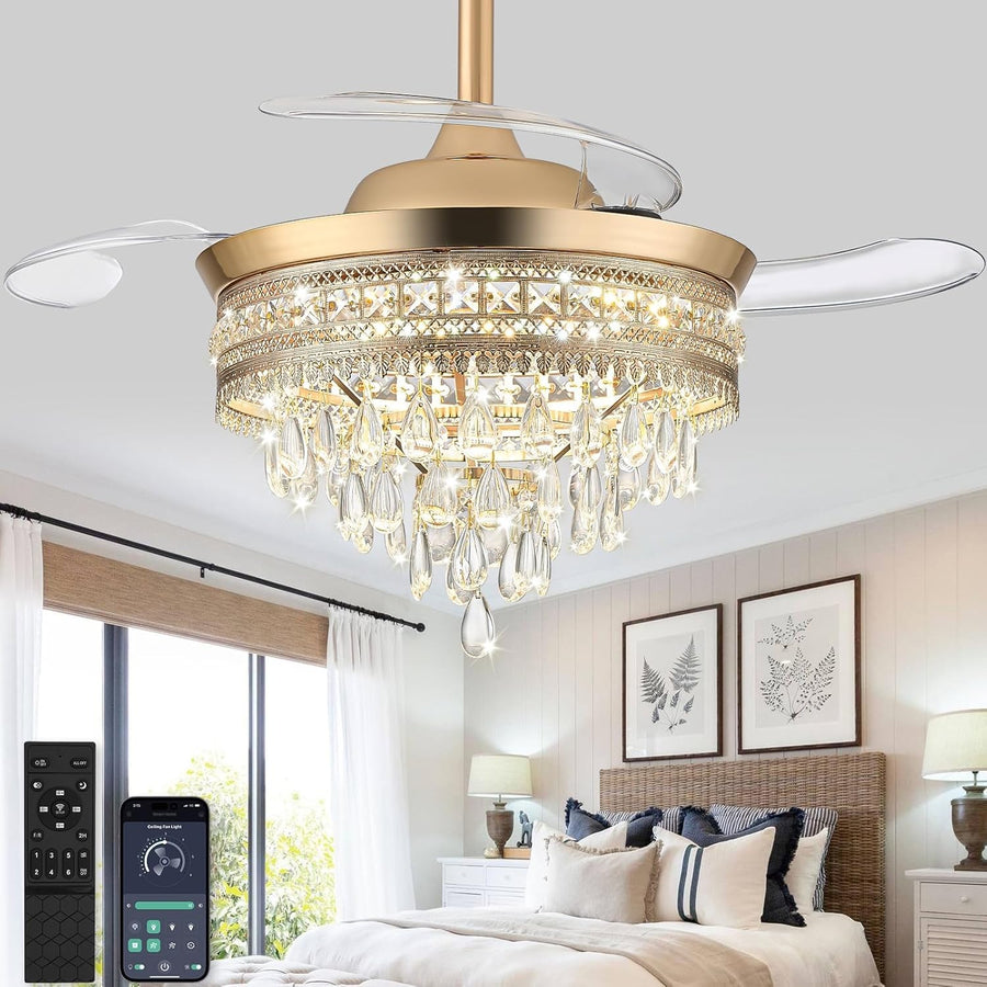 Crystal Ceiling Fan, 6 Speeds, Dimmable LED, Remote, Reversible