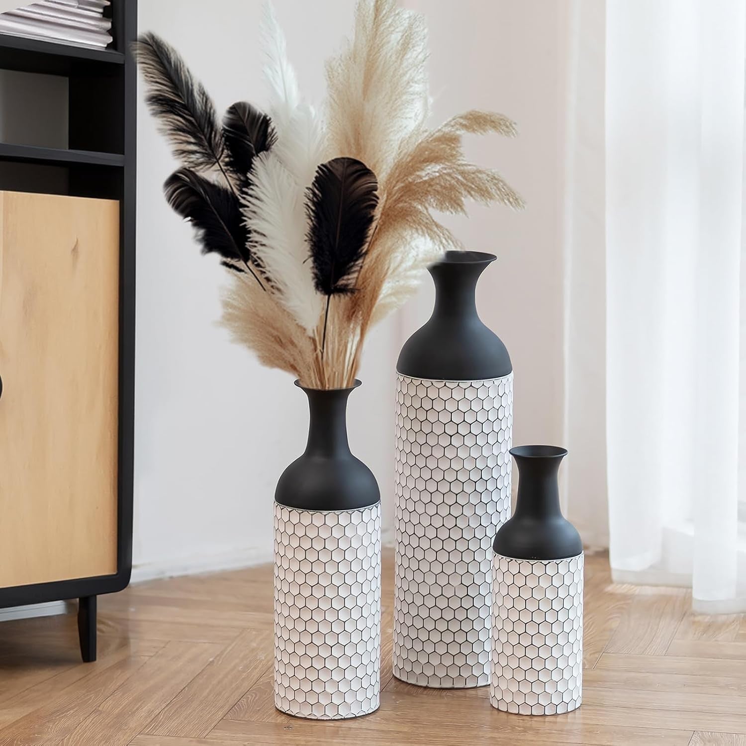 Tall Metal Floor Vase Set of 3 Black White Honeycomb Modern Home Decor