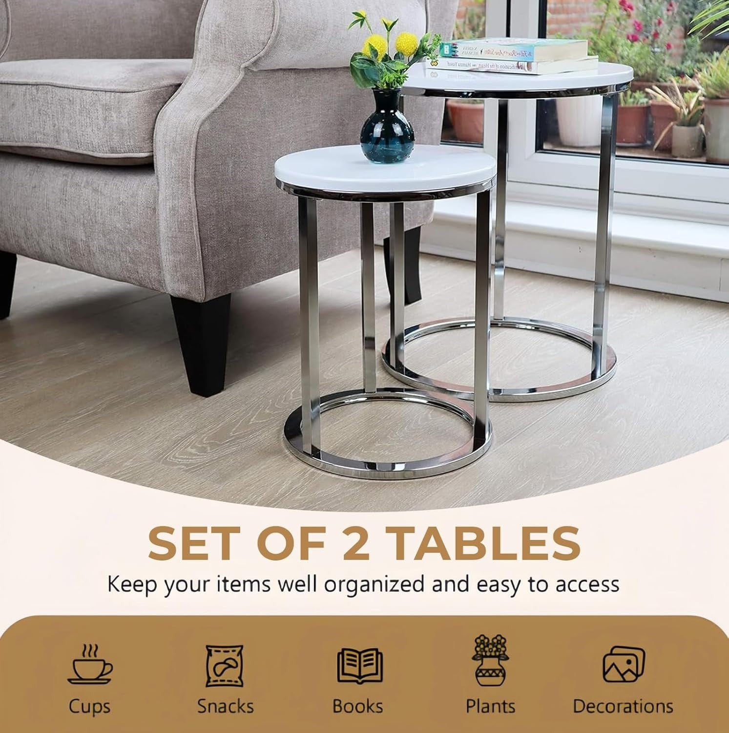 Space Saving White Nesting Side End Tables Set of 2 Chrome Legs Living Room