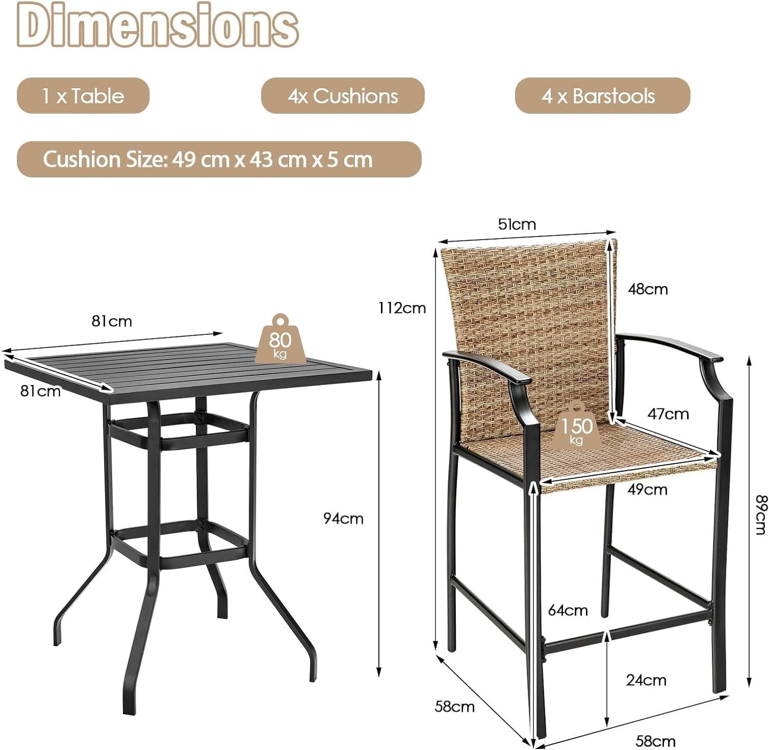 Outdoor Rattan Bar Dining Set 5 Piece High Table 4 Chairs Cushions Patio
