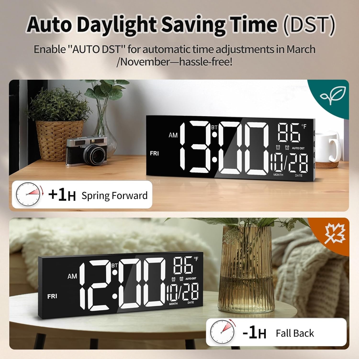 16.5" Large Digital Wall Clock LED Display Temp Date Night Light Alarm Remote