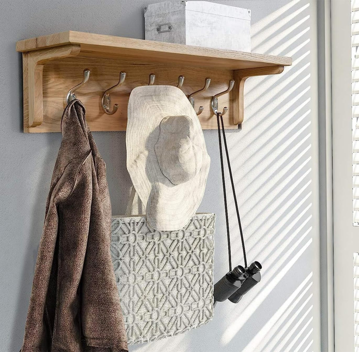Solid Oak Wall Coat Rack with Shelf | 6 Metal Hooks for Hallway & Entryway