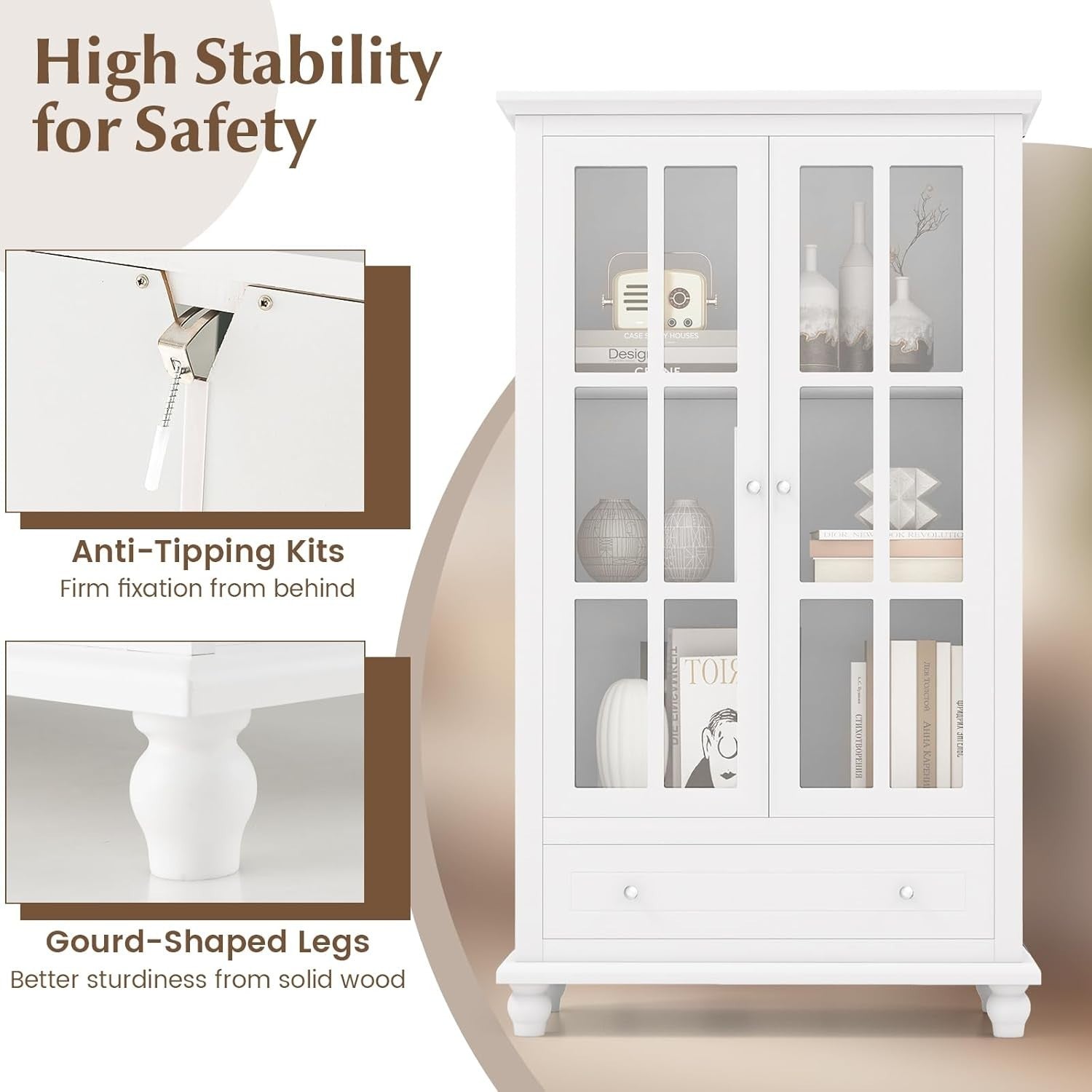 Modern White Bookcase with Glass Doors Drawer Adjustable Shelf Storage Unit