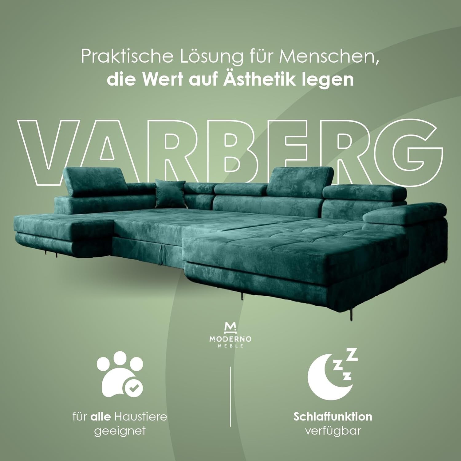U-Shaped Sofa Bed w/ Storage, Headrests, Water-Resistant Velour, 345cm