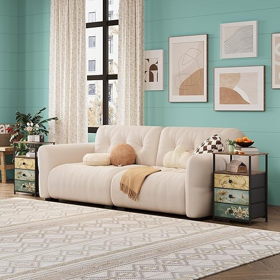 Vintage 3-Drawer Bedside Table Set with Open Shelf Storage | Rustic Metal Frame