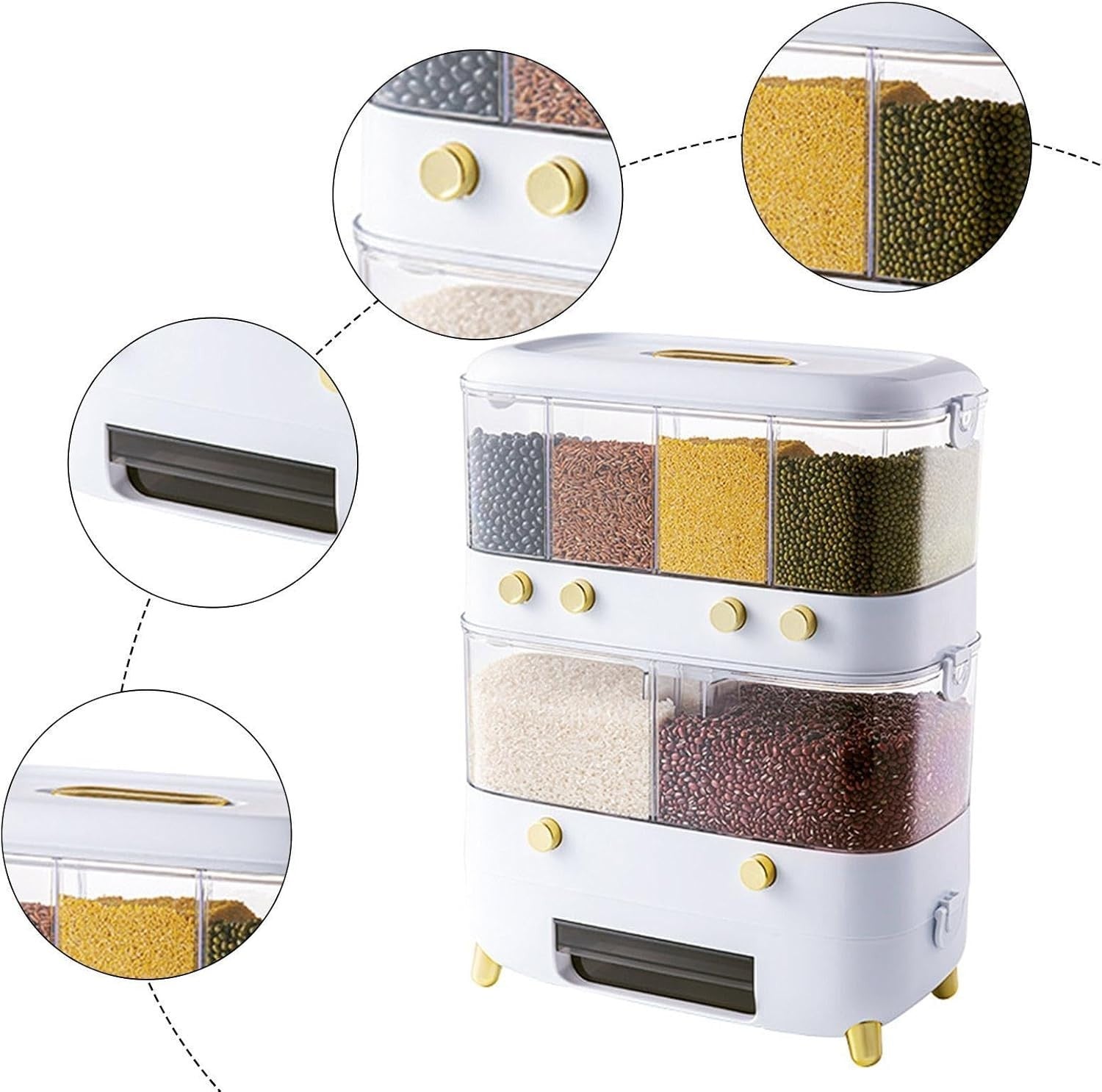 6 Grid Rice Dispenser Airtight Grain Storage Bin