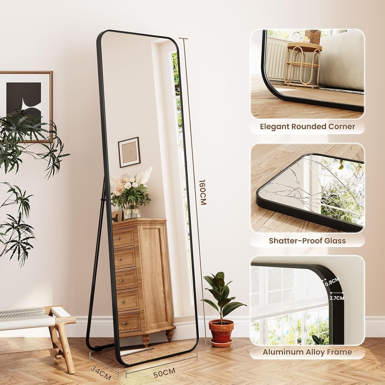 Large Full-Length Rectangular Floor Mirror 160x50cm, Rounded Corners, Freestandi