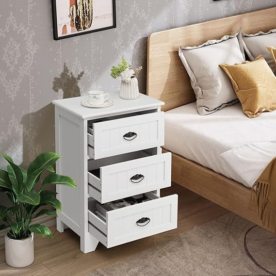 Modern White Bedside Table with 3 Drawers, Wooden Nightstand Storage Unit