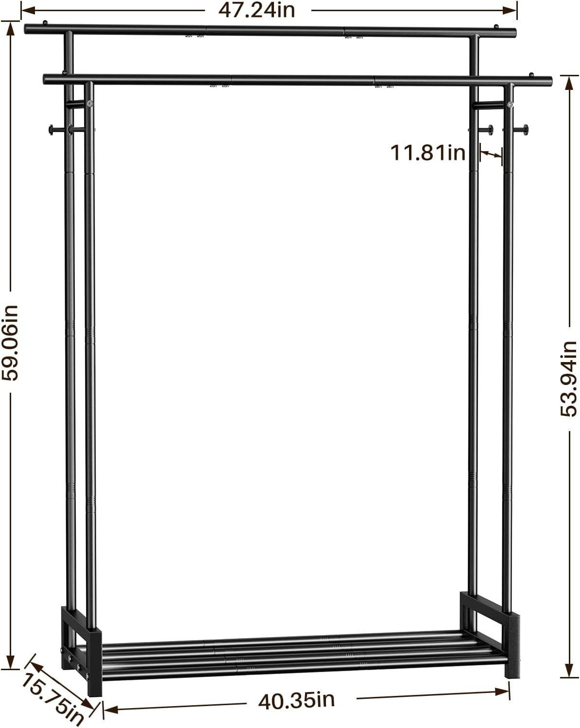 Double Clothes Rail with Shelf & Hooks – Black 150cm