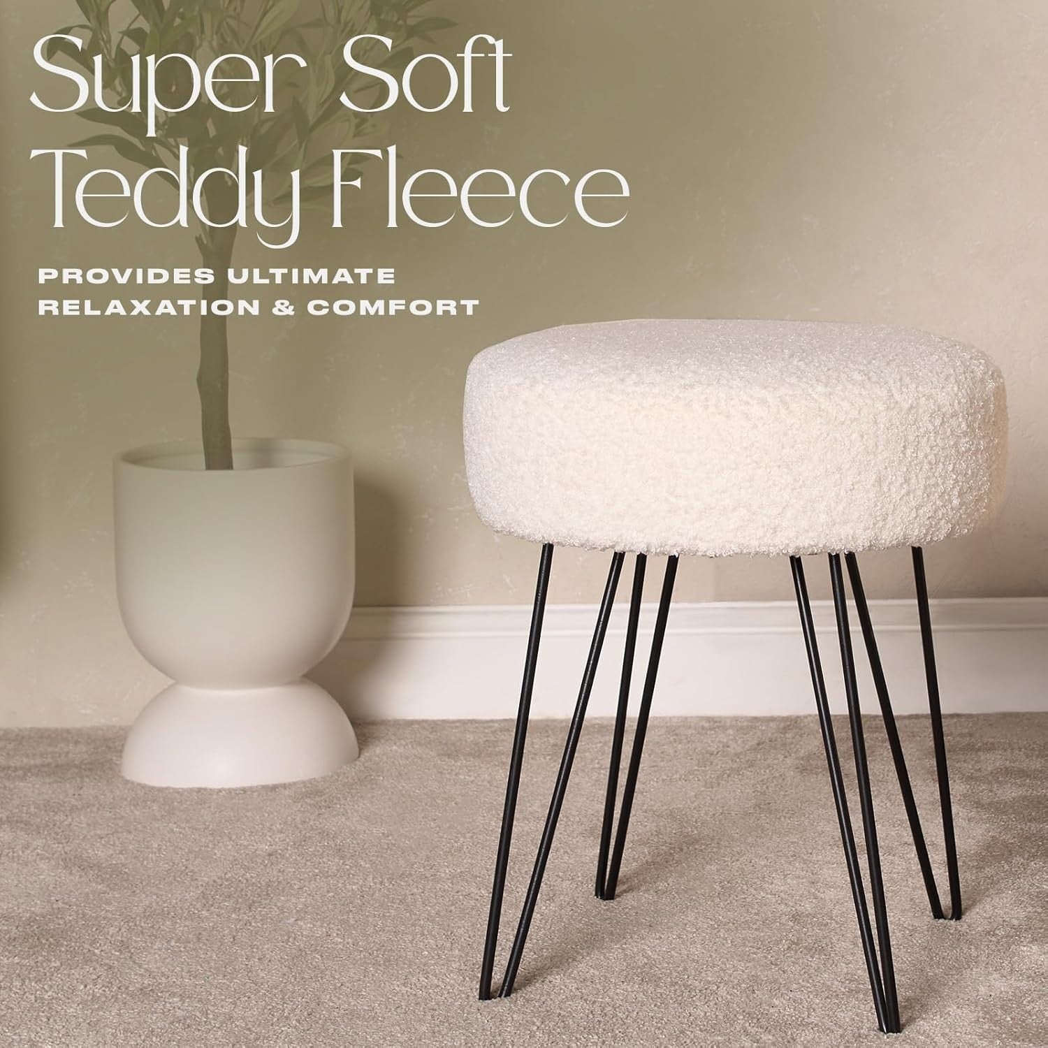 White Teddy Bouclé Round Stool Modern Padded Footrest Hairpin Leg Seat
