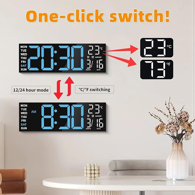 16" RGB Digital Wall Clock Large Display Temp Date Auto-DST Remote Dimmer