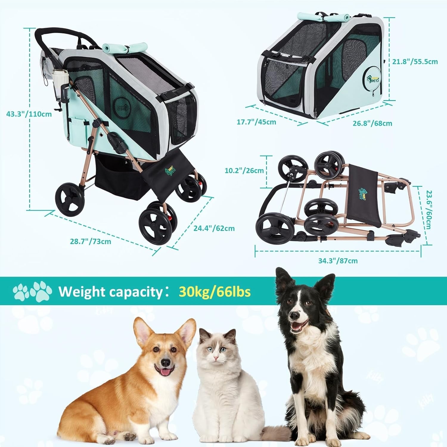 3 in 1 Pet Stroller Dog Pushchair Detachable Carrier 30kg 4 Wheel Fold