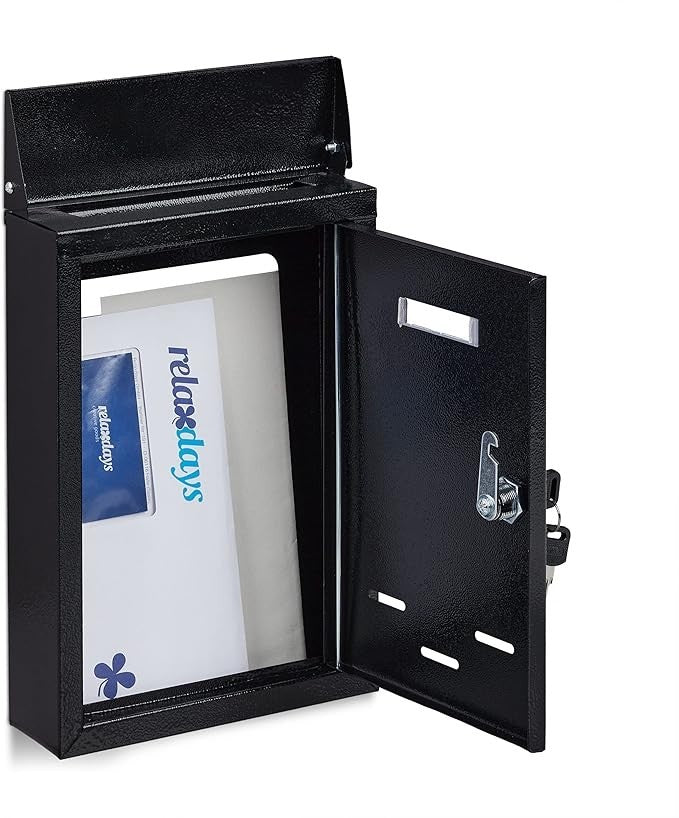 Lockable Wall Mounted Letterbox Black Metal Slim Design Viewing Window