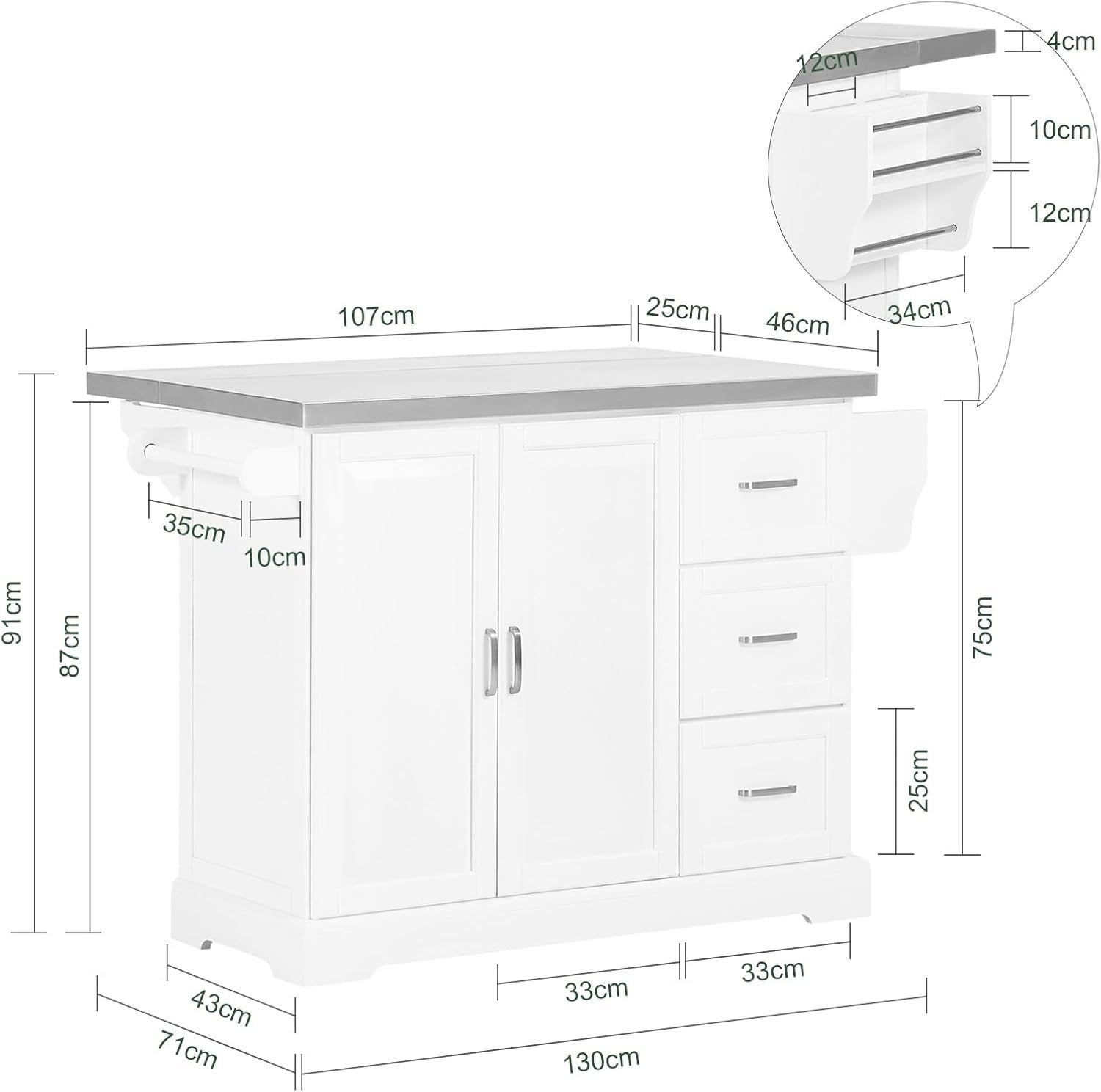 Extendable Kitchen Island on Wheels Stainless Steel Worktop Storage Cart