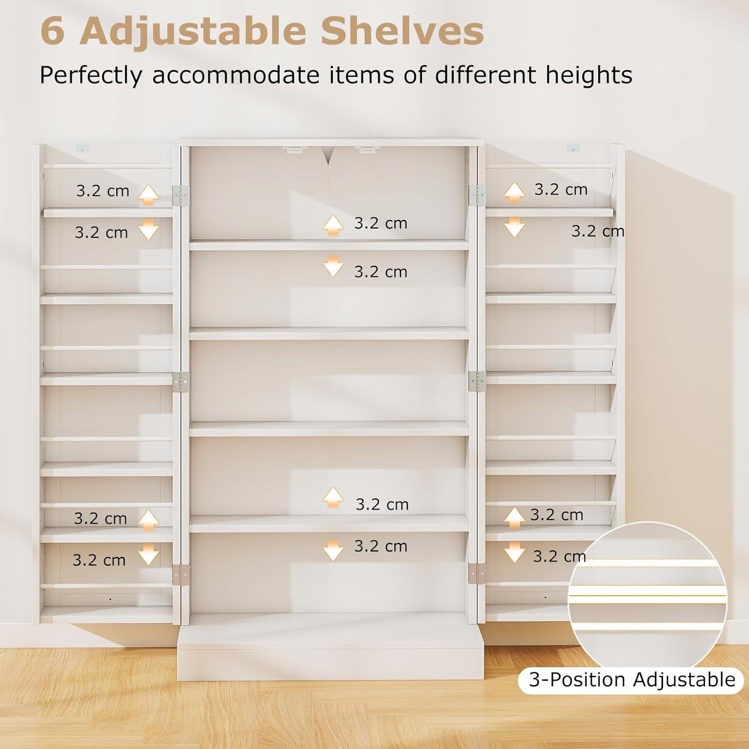 Compact White Pantry Cabinet with 2 Doors and 17 Storage Shelves