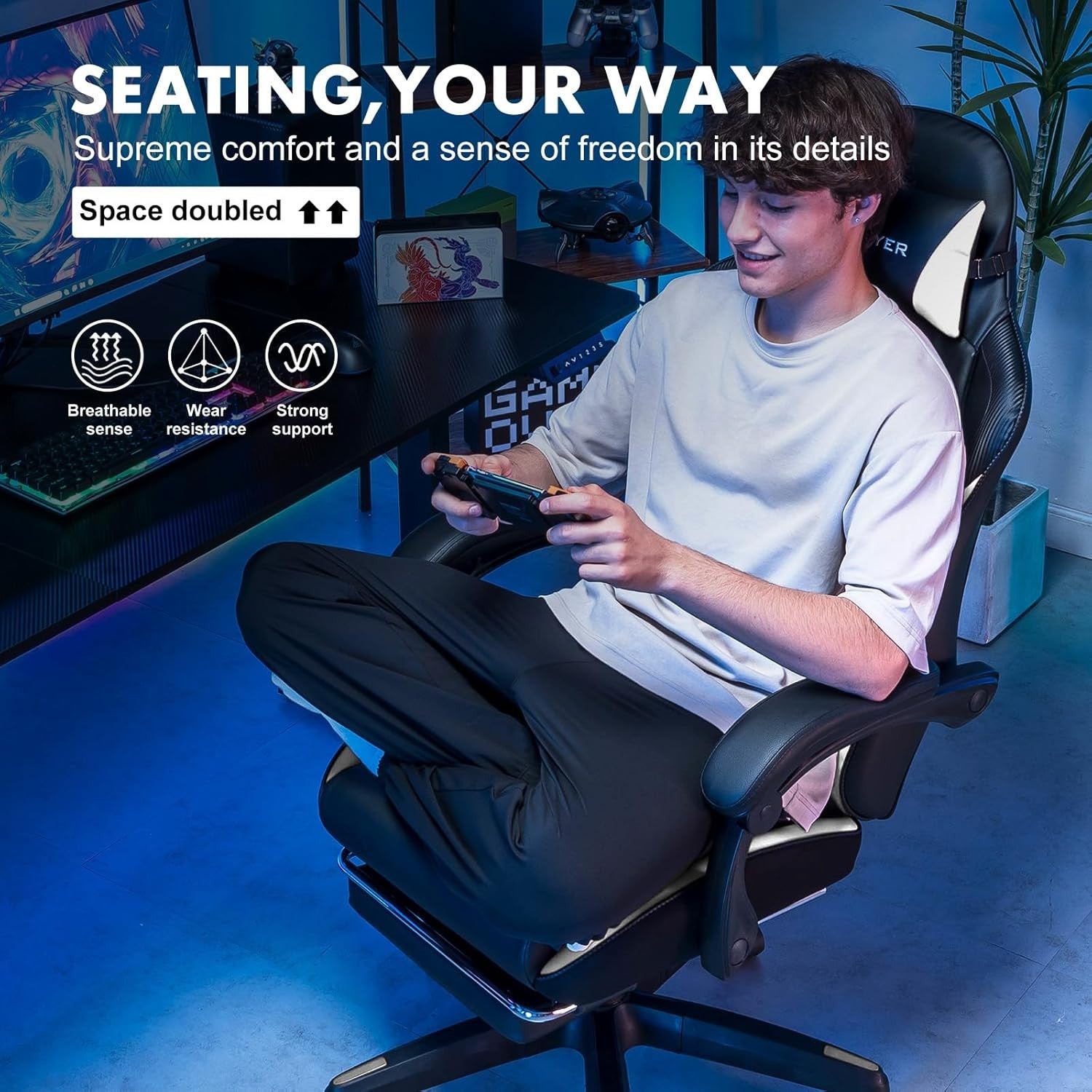 Gaming Chair High Back Leather Footrest Ergonomic White