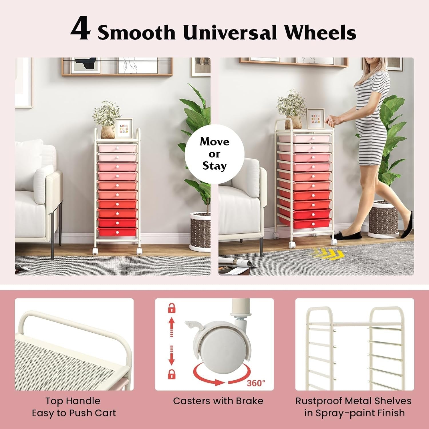 Gradient Pink 10 Drawer Rolling Storage Trolley Craft Beauty Organizer