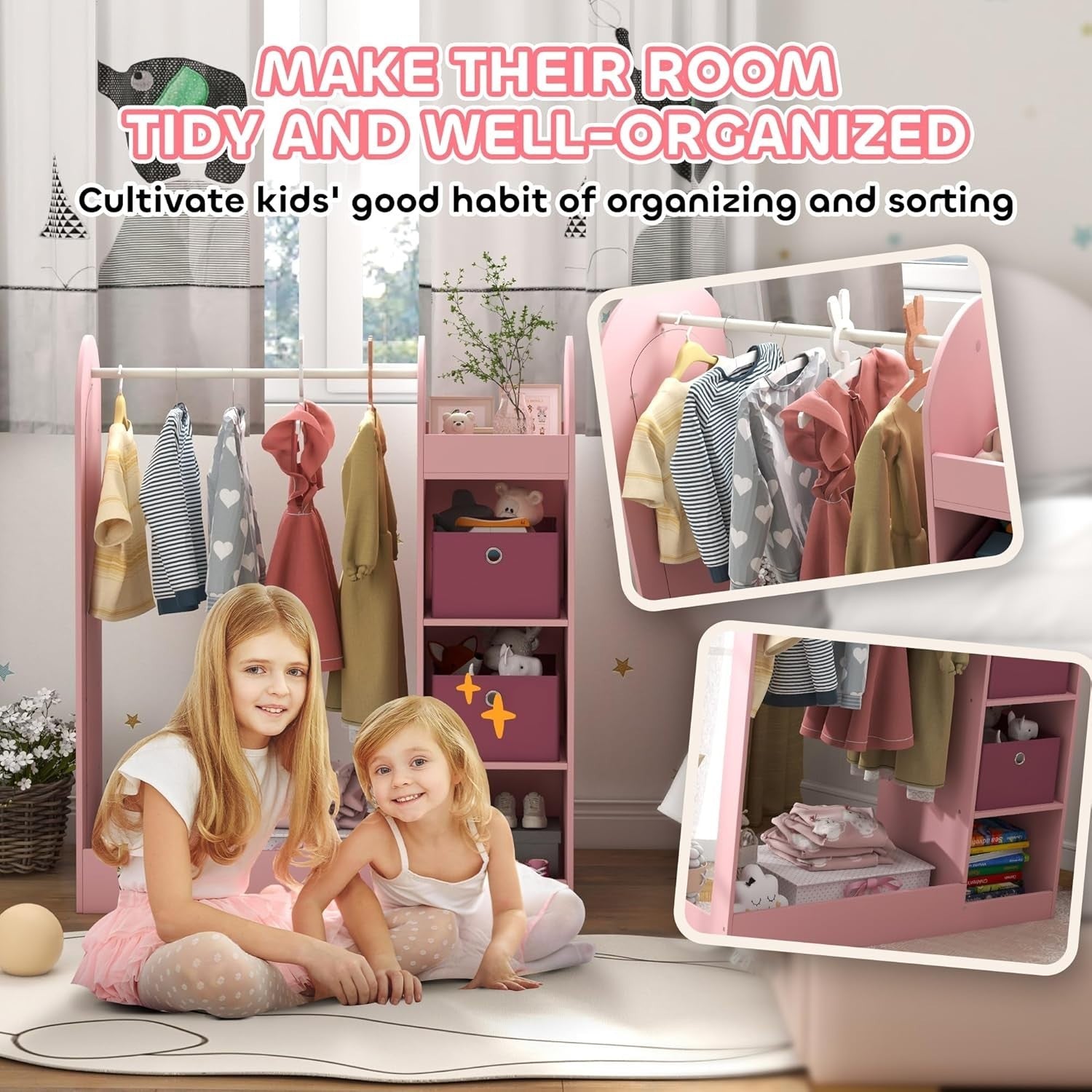 Kids Wardrobe with Mirror & Boxes, Dress Up Rail Pink