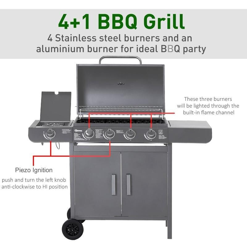 4+1 Burner Gas BBQ Grill with Thermometer, Side Shelves, Cabinet & Wheels