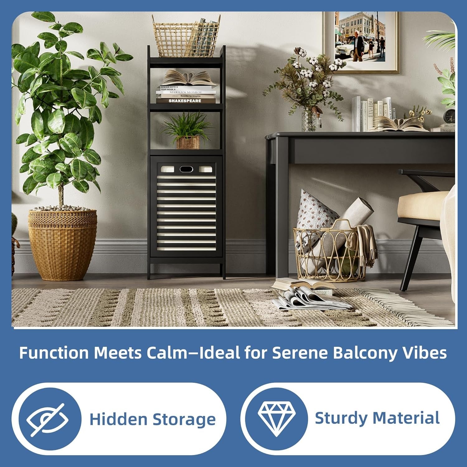 Tilt Out Laundry Hamper Cabinet with Bamboo Shelves 32L Basket Black