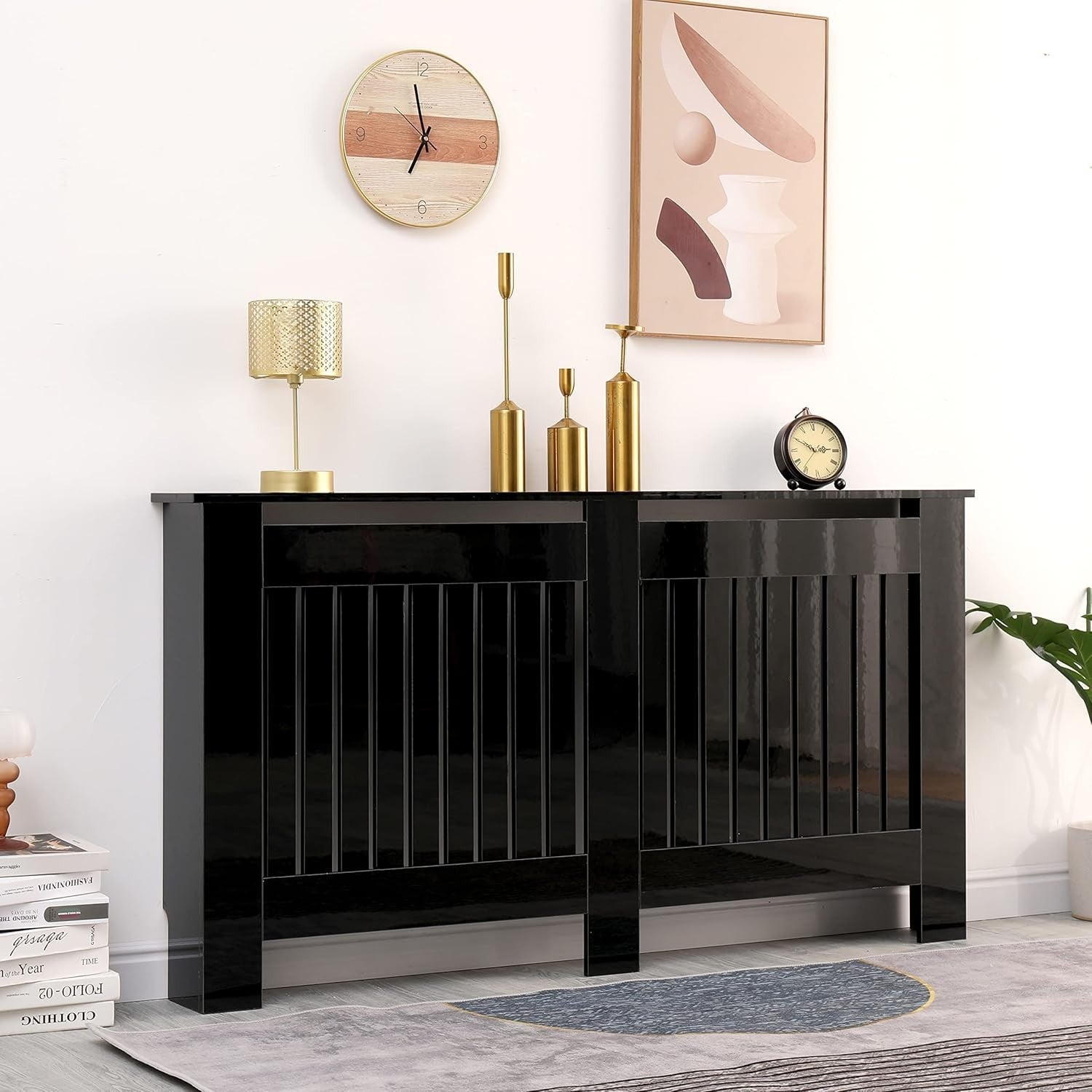 Large Black Radiator Cover High Gloss MDF Cabinet Vertical Slat W151xH82cm