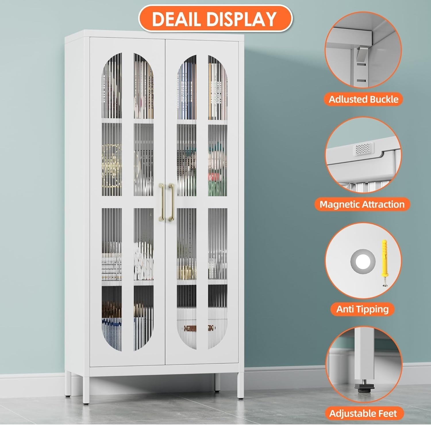 Adjustable 4-Tier Metal Storage Cabinet with Glass Doors – 155cm Tall