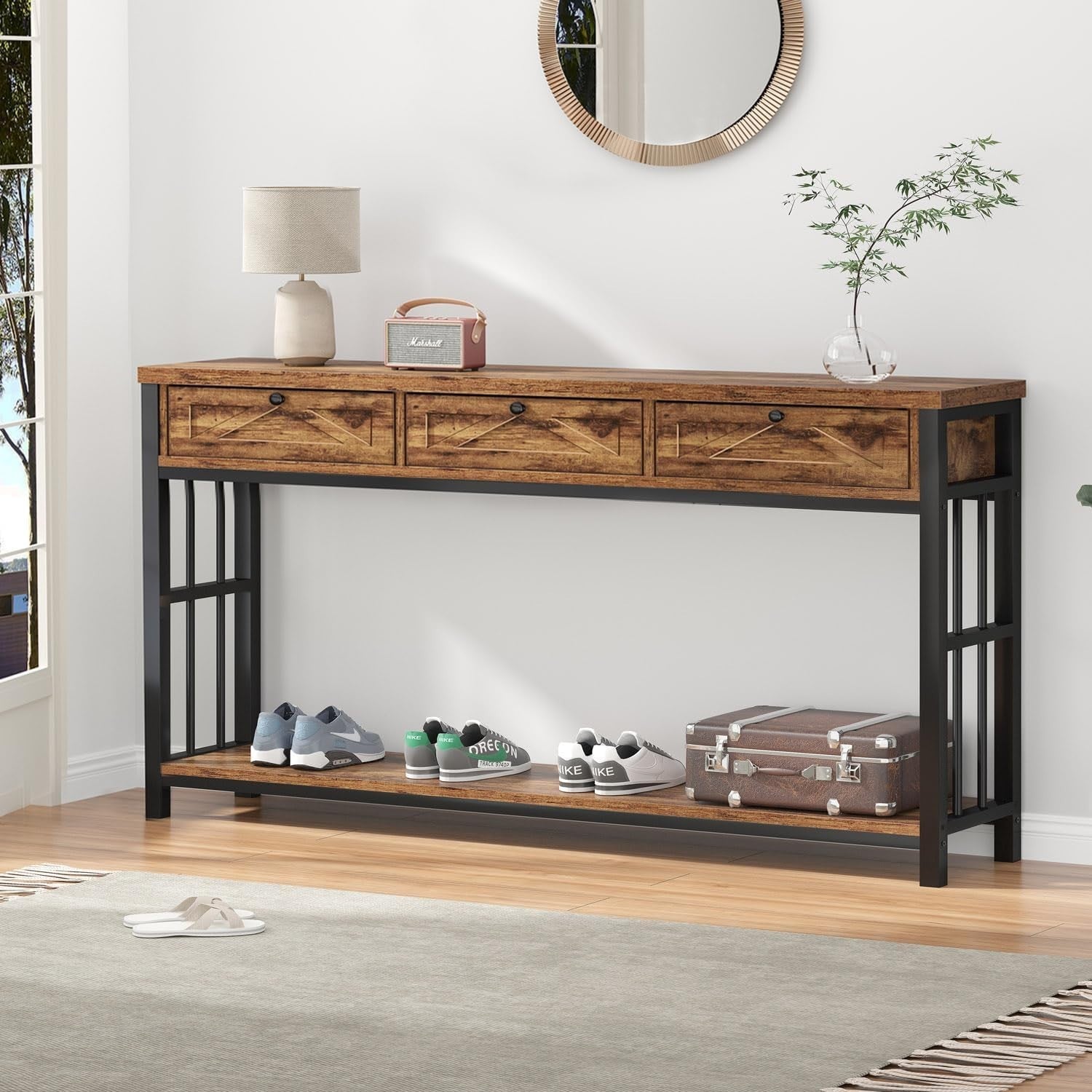 Rustic Entryway Console Table with 3 Drawers & Open Shelf, 140x34x80cm