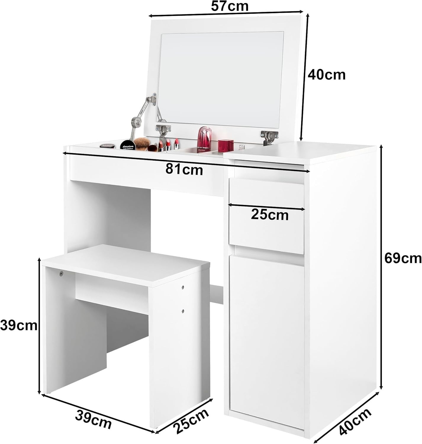 White Dressing Table Vanity Set Flip Up Mirror Desk 1 Drawer Storage Stool