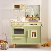 Wooden Kids Play Kitchen w/ Fridge Ice Dispenser Green Toy