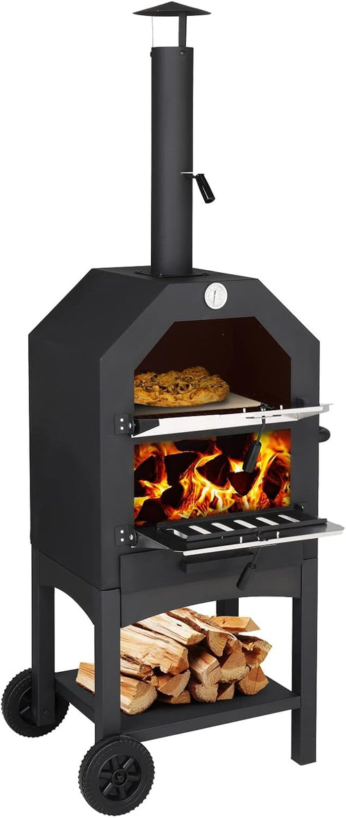 Outdoor Pizza Oven with Chimney | Smoker BBQ Grill Stand & Storage Wheels