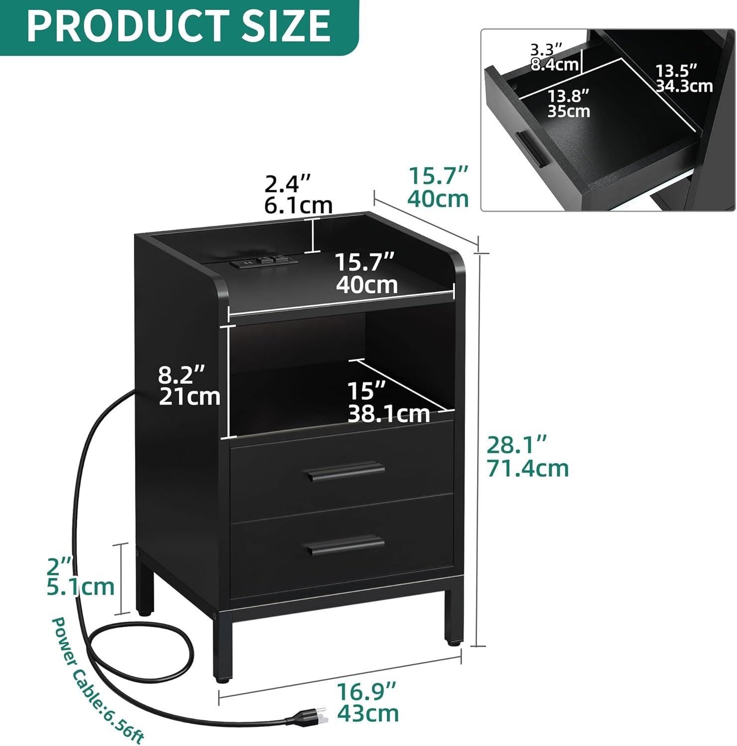 Modern LED Bedside Table with Charging Station, 2 Drawers, Storage Shelf