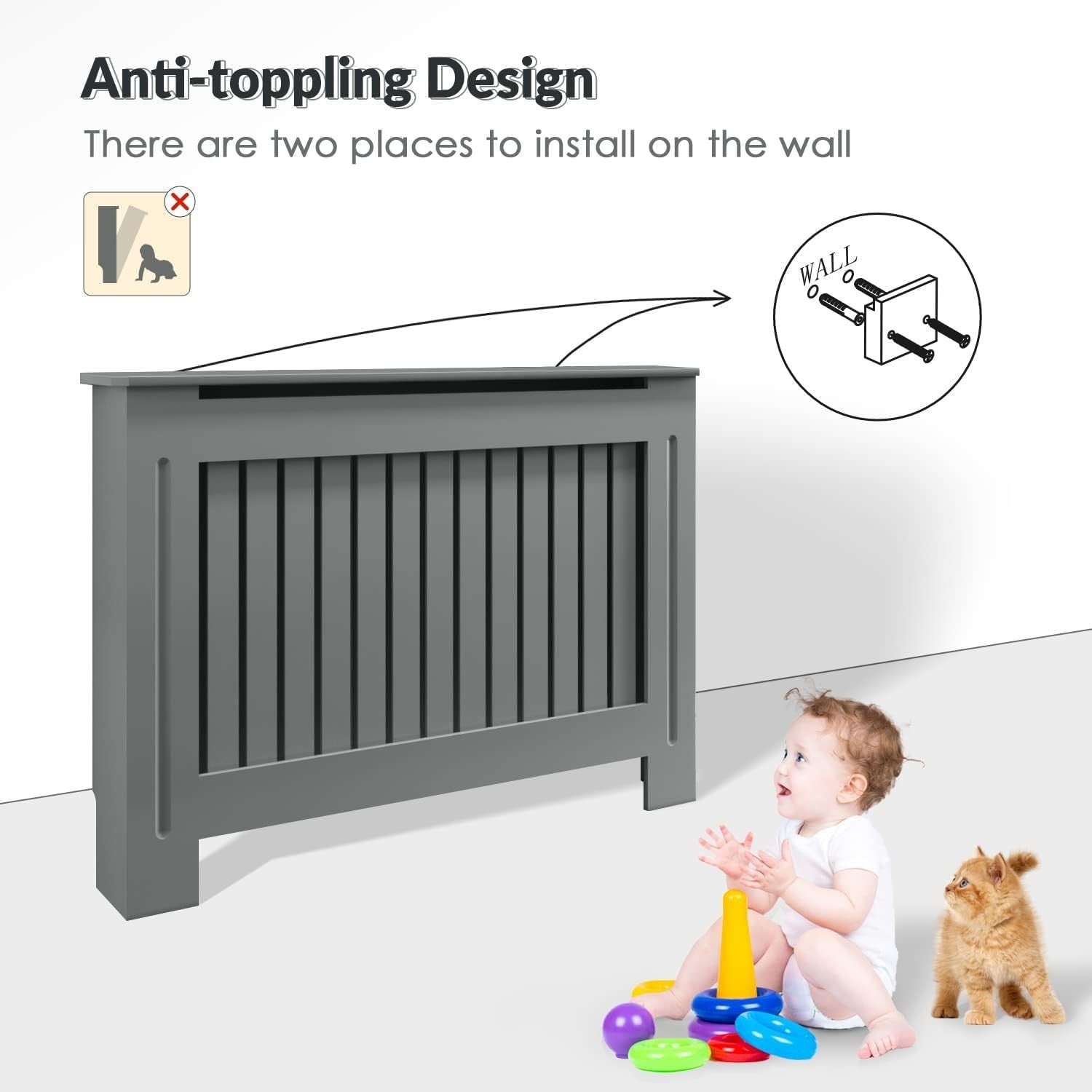 Medium Grey Radiator Cabinet with Shelf | Vertical Slat MDF Heater Cover
