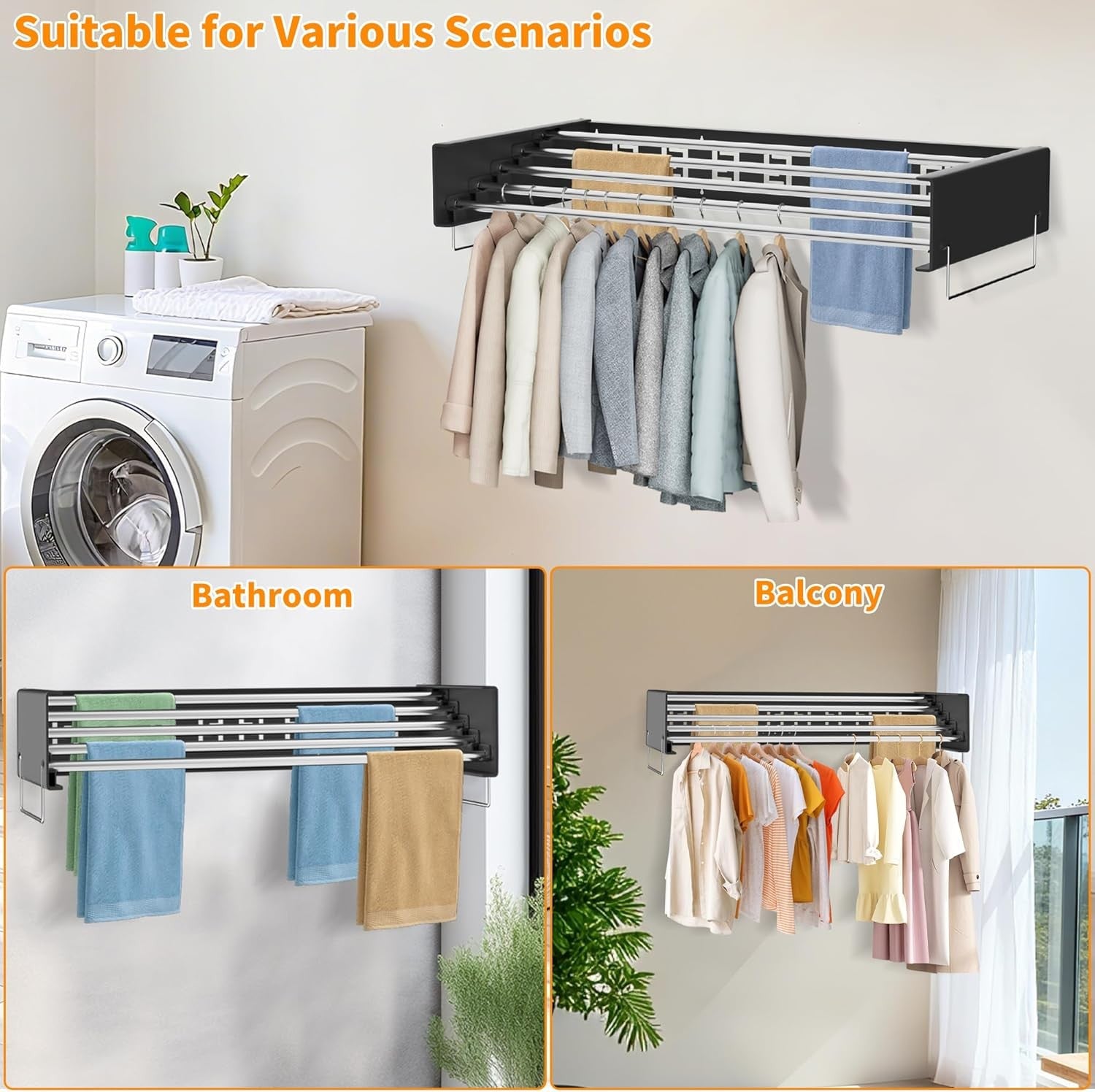 Wall Mounted Retractable Clothes Folding Drying Rack Space Saving