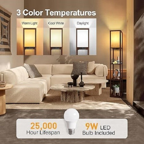Floor Lamp with Shelves USB Type C Dimmable LED Wooden Standing Light