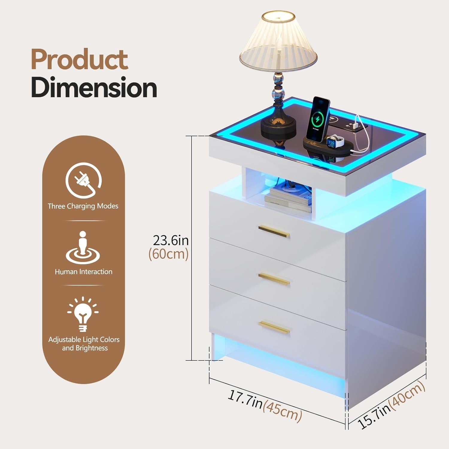 White LED Bedside Table with Wireless Charging, Glass Top & 3 Drawer Storage