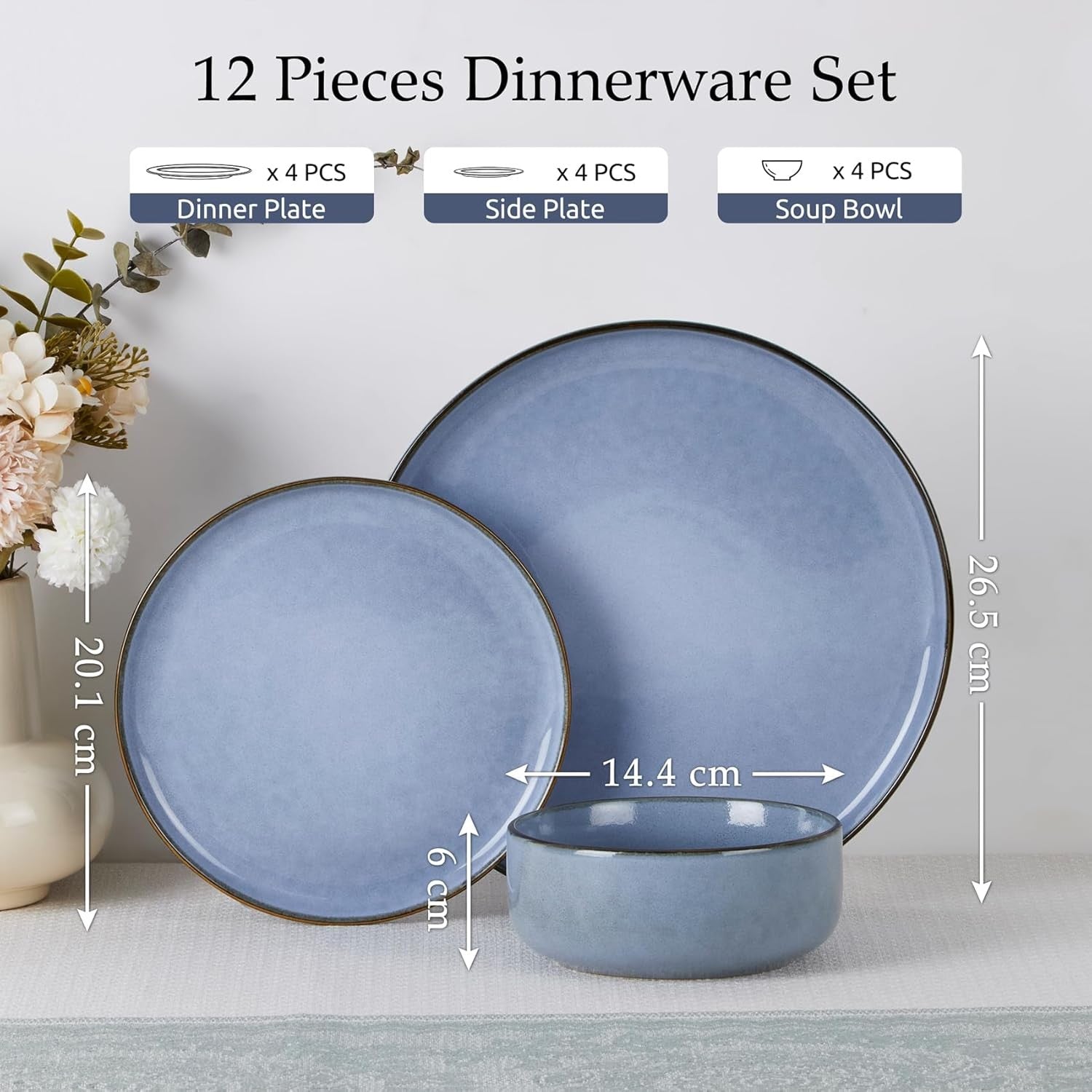 12pc Stoneware Dinner Set Lagoon Blue Plates Bowls Reactive Glaze