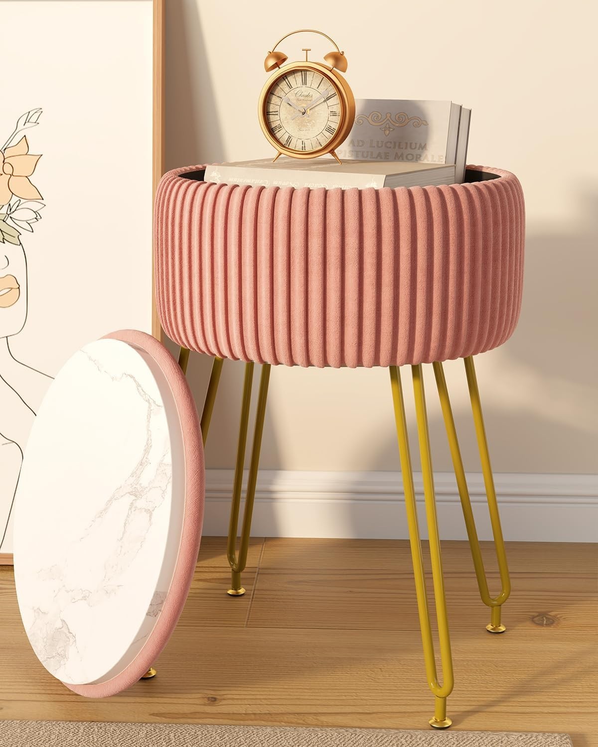 Pink Velvet Storage Footrest Ottoman – Golden Leg Vanity Stool Side Table