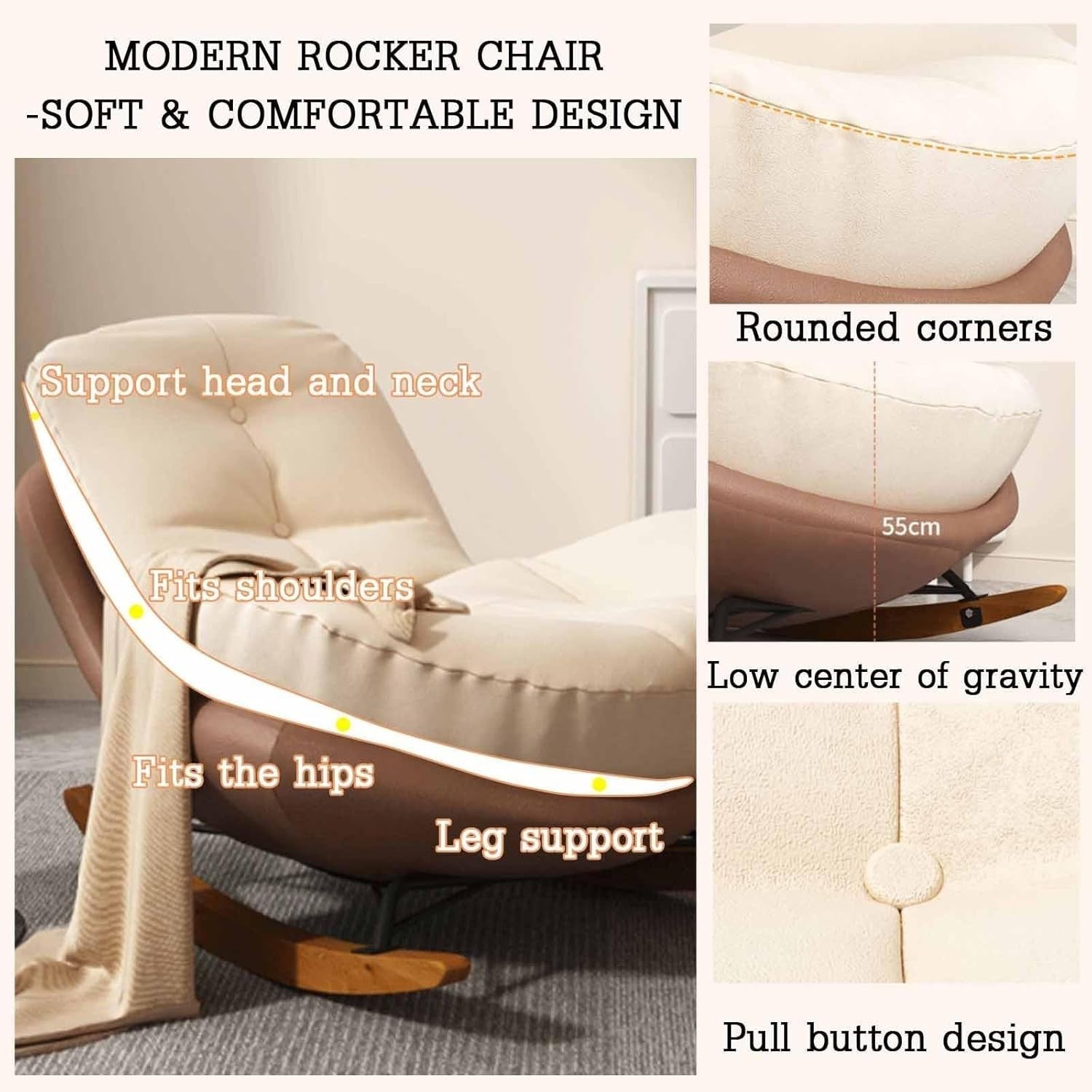 Luxury Rocking Chair with Footstool, Soft Recliner Glider for Nursery & Lounge