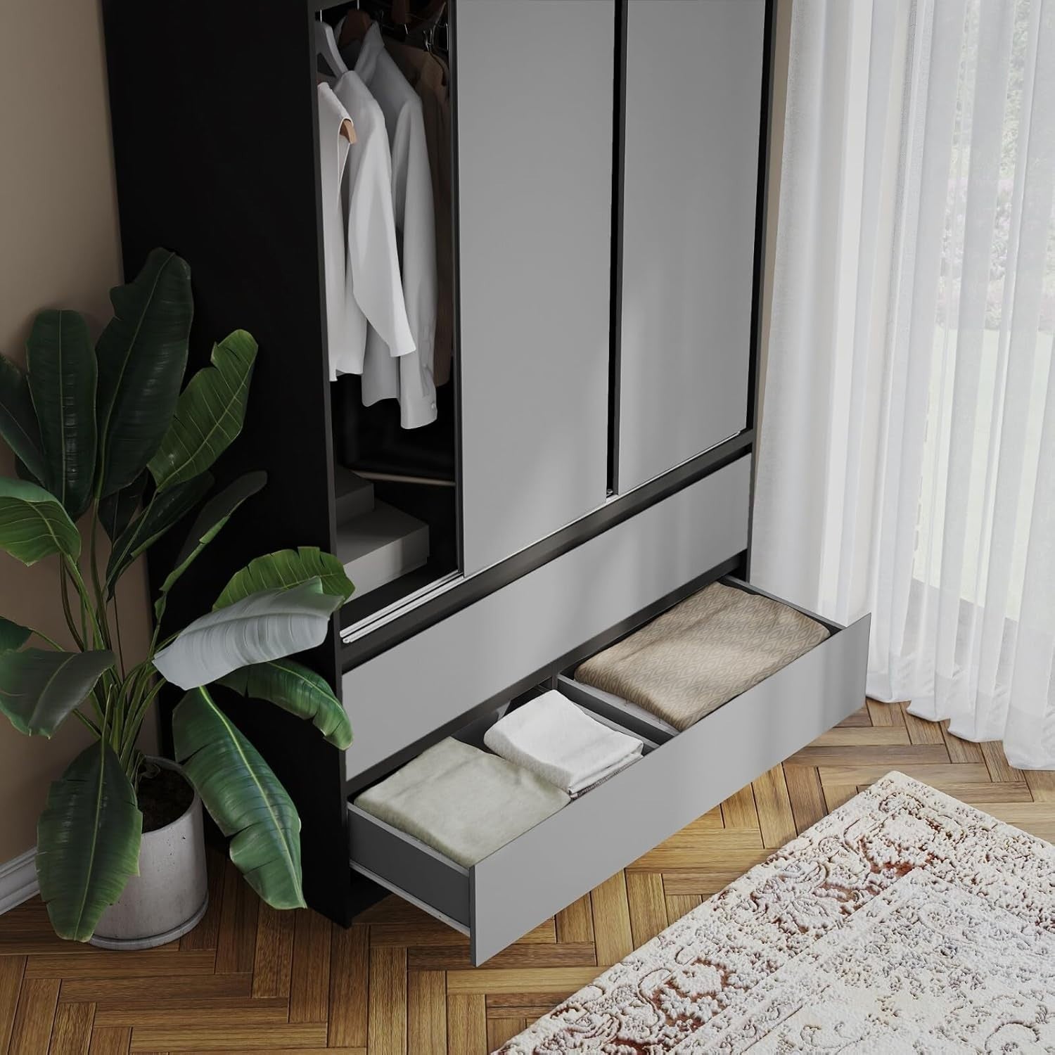Grey Sliding Door Wardrobe 6 Doors 4 Drawers 240cm Modern Closet Storage