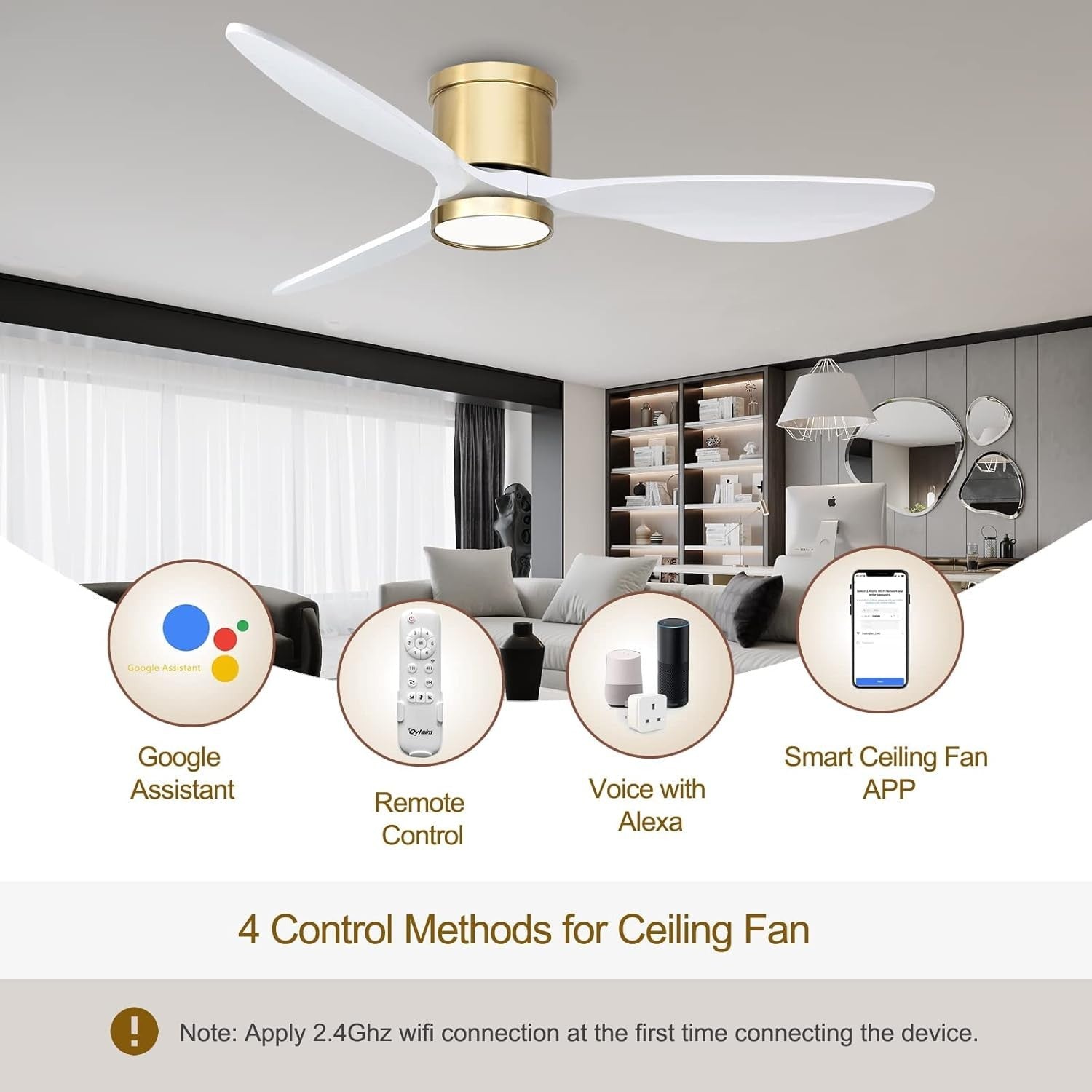 Ovlaim 132cm Flush Ceiling Fan with Light, Quiet DC Motor, Remote Control