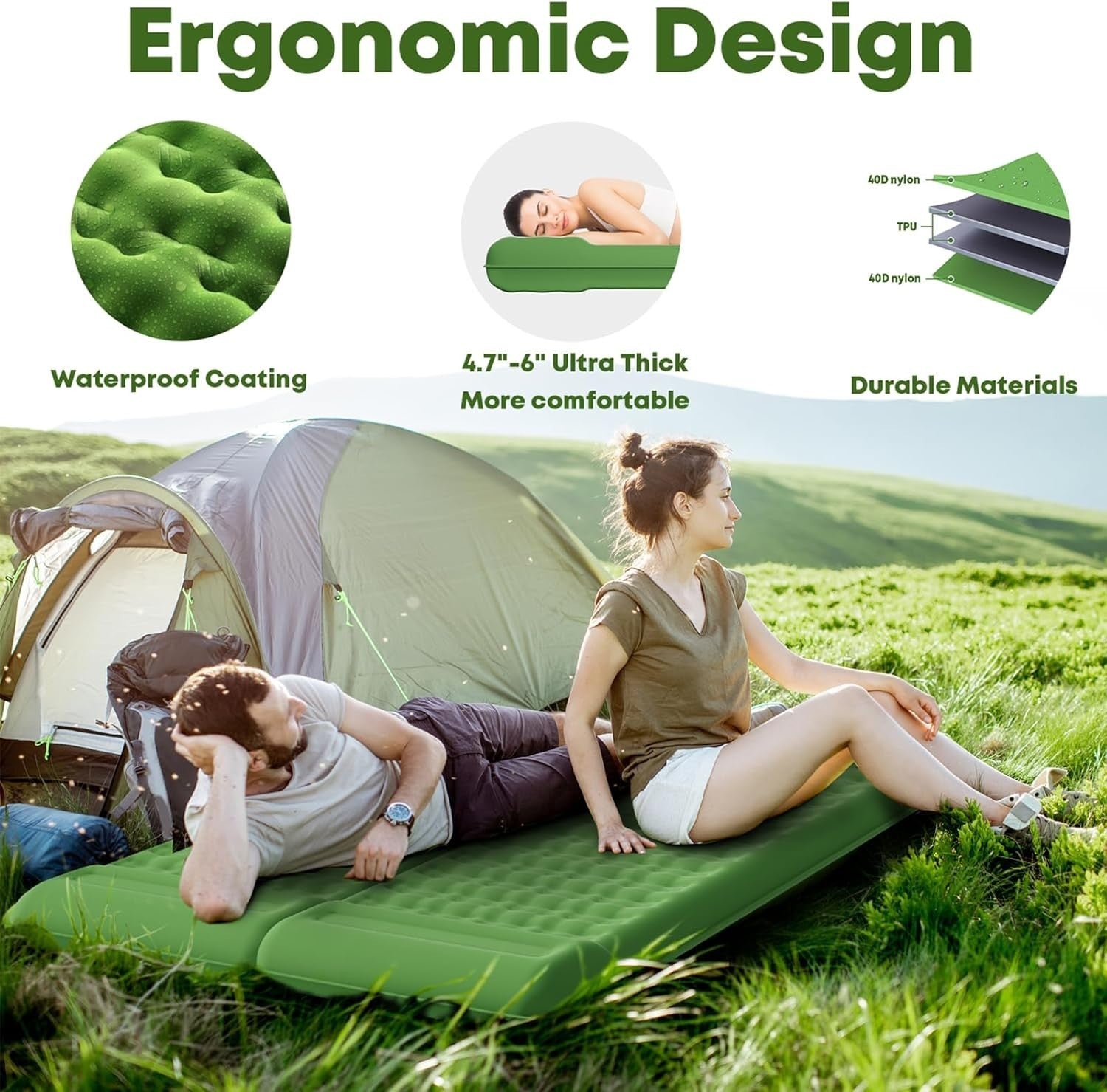 Extra Thick Camping Air Mattress 12–15cm Built-In Foot Pump Pillow Pad Green2